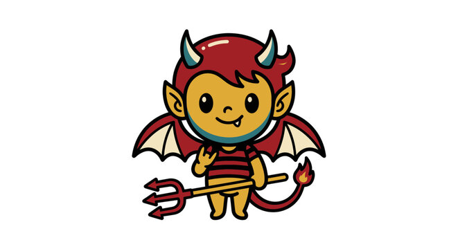 Cute Cartoon Devil Character with Trident and Wings - Funny Mischief Icon