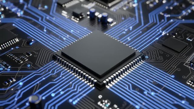 中央のCPUチップから整然とした配線が基板全体へ広がり均一な青い光が高密度の電子部品を照らす未来空間