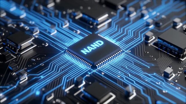 基板中央のNAND型フラッシュメモリチップを青い発光回路が包み左右へ光の流れを伸ばす