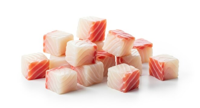 Freshly cut cod loin cubes arranged neatly on a clean white studio background. High quality raw seafood pieces for gourmet cooking and soup, raw, natural, protein