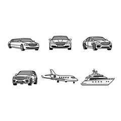 Obraz premium Set of black and white luxury transport icons featuring cars jet and yacht