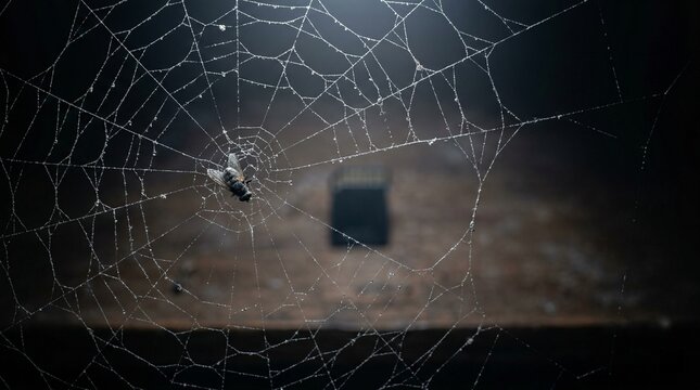 Macro shot of a dead fly entangled in a spiderweb with an out-of-focus memory card in the background