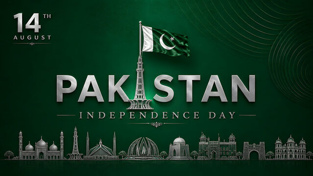 Celebrate Pakistan Independence Day (14 August) with this elegant luxury greeting card featuring a sparkling emerald green and gold crescent moon, decorative hanging ornaments with crescent and star

