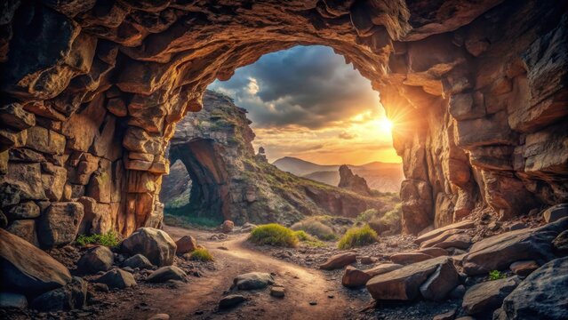 A vast ancient cave entrance frames the dark rugged landscape sheltered by a textured rock wall with copper undertones