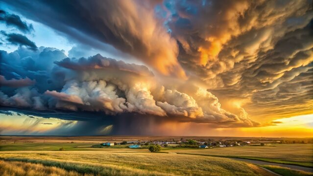A large weather system rolls over small prairie city revealing magnificent colors in the stormy sunkissed sky