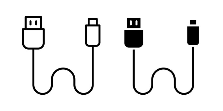 USB cable icon in outline and solid style, isolated on white background. Ideal for connectivity, charging, technology, and data transfer related features in mobile and web design.
