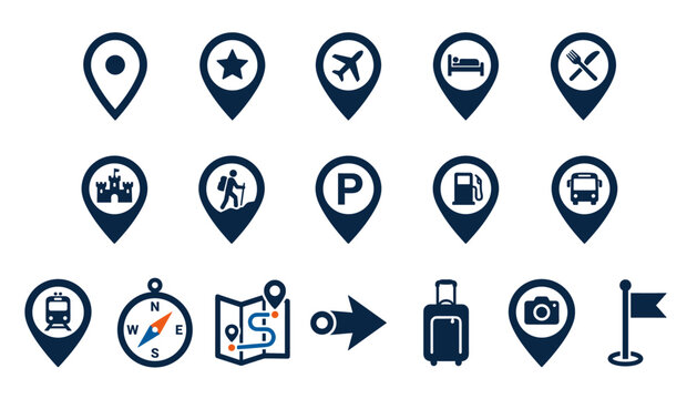 Set of travel and navigation map pins icons, vector illustration of location markers with various symbols for tourism and transportation