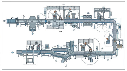 Obraz premium Industrial robotic assembly line diagram with conveyor belts