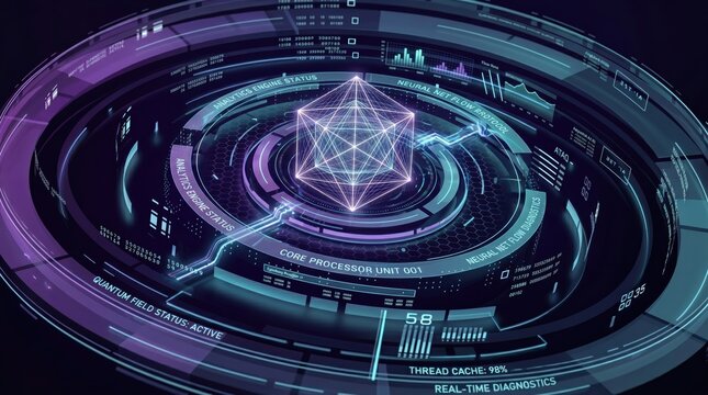 Futuristic holographic user interface displaying a glowing geometric core processor unit, surrounded by analytics engine status rings, neural net diagnostics and quantum field i...