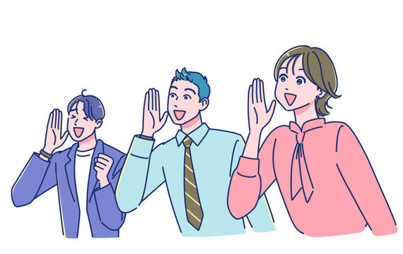 笑顔で声援を送るアニメ調の若い会社員たち