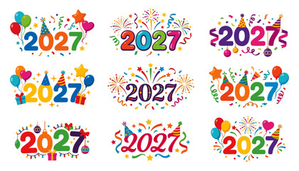 Naklejka premium Set of 2027 new year greeting designs with colorful numbers, party hats, balloons, confetti, and fireworks