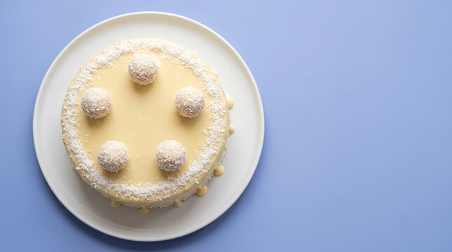 White coconut cake on a plate. Delicious round dessert with cream and coconut flakes.
