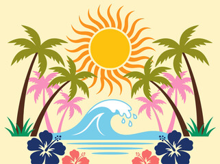 Tropical Summer Beach Scene with Sun Palm Trees Ocean Wave and Hibiscus Flowers Retro Vector Illustration © Uprook