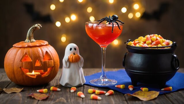 Halloween cocktail in glass with black spider decoration next to ghost figurine and cauldron full of candy corn on blue napkin over rustic wooden surface.