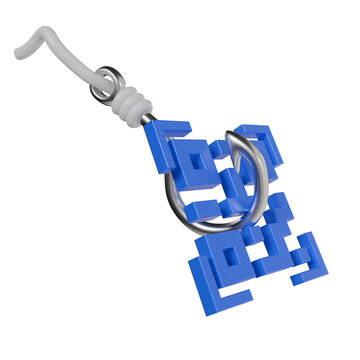 QR Code Phishing Concept with Metal Fish Hook, 3D Render Illustration of Cyber Security Threat and Quishing Attack, Digital Fraud and Data Theft Graphic