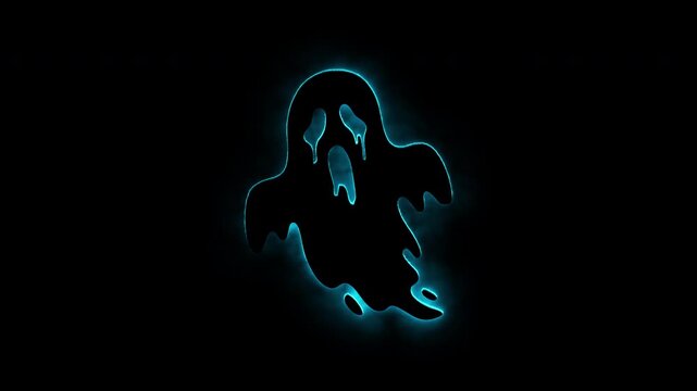 Cyan neon ghost silhouette glowing on black background with spooky flickering light effect.