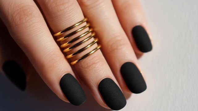 A hand showcasing long black matte nails rests flat against a light surface. The hand is adorned with a striking gold ring featuring multiple stacked bands, creating a chic look.