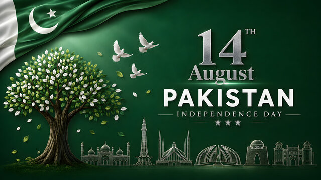 Celebrate Pakistan Independence Day (14 August) with this elegant luxury greeting card featuring a sparkling emerald green and gold crescent moon, decorative hanging ornaments with crescent and star

