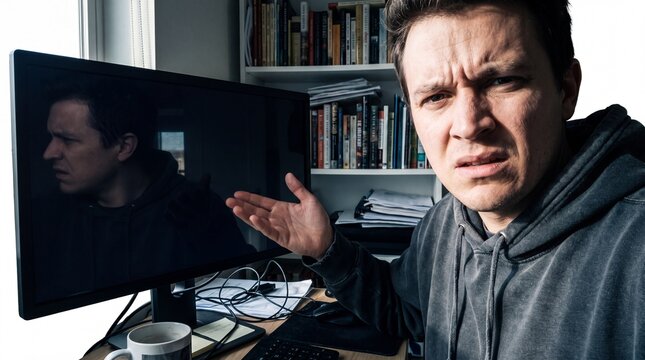 Remote worker with frustrated expression gesturing at blank monitor due to technical issues