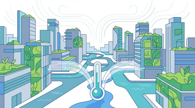 Futuristic city illustration with green buildings and thermometer showing urban cooling concept