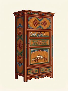 Traditional hand painted wooden cabinet with mongolian folk art
