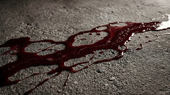 Dark red viscous liquid spill flowing across a rough textured concrete surface close up