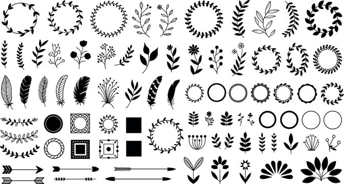 Hand drawn floral ornaments vector silhouettes set with laurels, leaf wreaths, arrows, feathers, dividers, and rustic botanical decorative design elements.