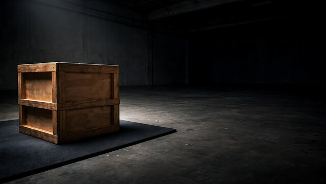 A plain wooden crate sits alone in a dark, empty room on a dark mat