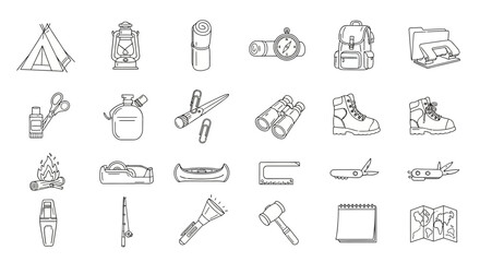 Fototapeta premium Camping and outdoor adventure equipment icons collection