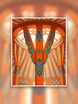 Ornate wooden pillars of a traditional mongolian yurt interior