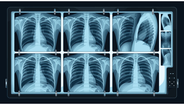 Medical xray display showing multiple chest and spine scans diagnostic imaging of human thorax, rib cage, and vertebral column on a light box