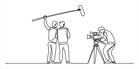 Continuous single line drawing of film crew with camera and boom microphone recording a movie scene on set for video production and media broadcast © Vector Art Gallery 