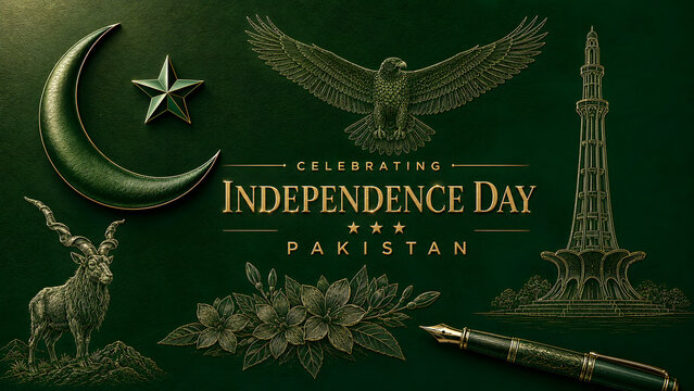 Celebrate Pakistan Independence Day (14 August) with this elegant luxury greeting card featuring a sparkling emerald green and gold crescent moon, decorative hanging ornaments with crescent and star

