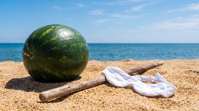 Watermelon stick and blindfold on beach before suikawari game japanese summer still life photo