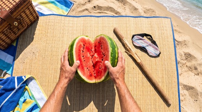 Hands opening cracked watermelon with red flesh overhead japanese summer beach game photo
