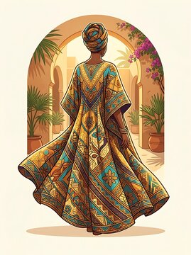 Woman in patterned kaftan and headwrap walking through sunny arch