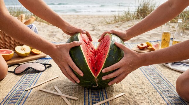 Hands opening cracked watermelon with red flesh overhead japanese summer beach game photo
