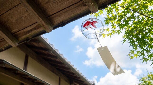 Glass edo furin wind chime with blank strip against blue summer sky japanese tradition photo