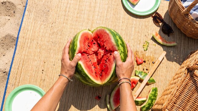 Hands opening cracked watermelon with red flesh overhead japanese summer beach game photo