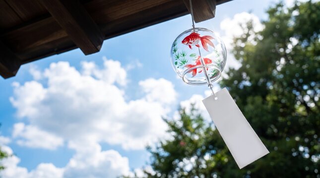 Glass edo furin wind chime with blank strip against blue summer sky japanese tradition photo