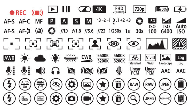 Camera Settings Icons Photography Videography Interface Symbols Isolated on White Background