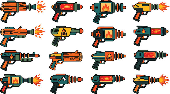 Cartoon Ray Gun Collection Featuring Futuristic Laser Blasters, Sci Fi Energy Weapons, Fire Effects, Retro Space Pistols, and Game Asset Vector Set