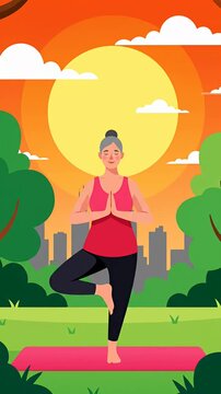 Illustration of woman in tree pose at park sunset.