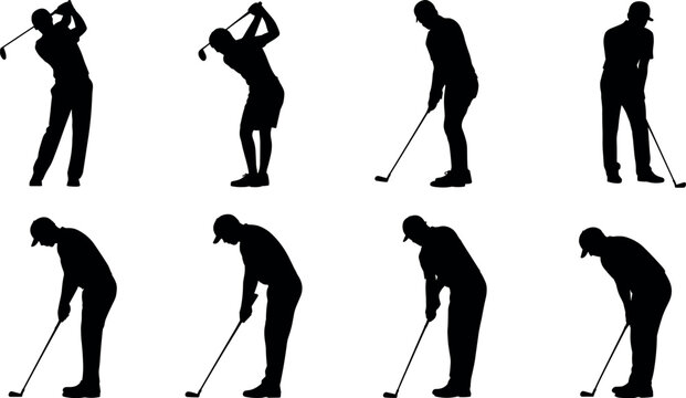 Vector set of black golfer silhouettes showing different golf swing postures and player stances isolated on white background.