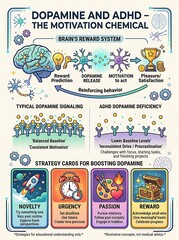 Naklejka premium Infographic explaining dopamine and adhd brain reward system functions