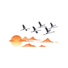 Fototapeta premium Flock of cranes flying in the sky during sunset with orange clouds, vector illustration on white background