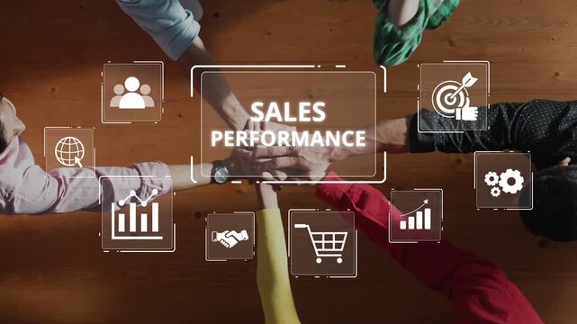 A top view of a wooden surface displaying various icons related to sales performance, including statistics, teamwork, and strategy, highlighting business growth and analysis. Raster