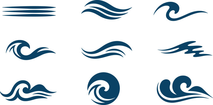Abstract blue water waves vector silhouettes set with sea surf curves, ocean ripples, wind blowing flow, and nature design elements.