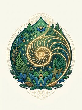 Golden nautilus spiral over lush green foliage and blue lotus flowers