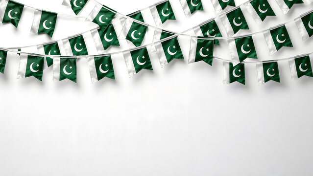 Celebrate Pakistan Independence Day (14 August) with this elegant luxury greeting card featuring a sparkling emerald green and gold crescent moon, decorative hanging ornaments with crescent and star

